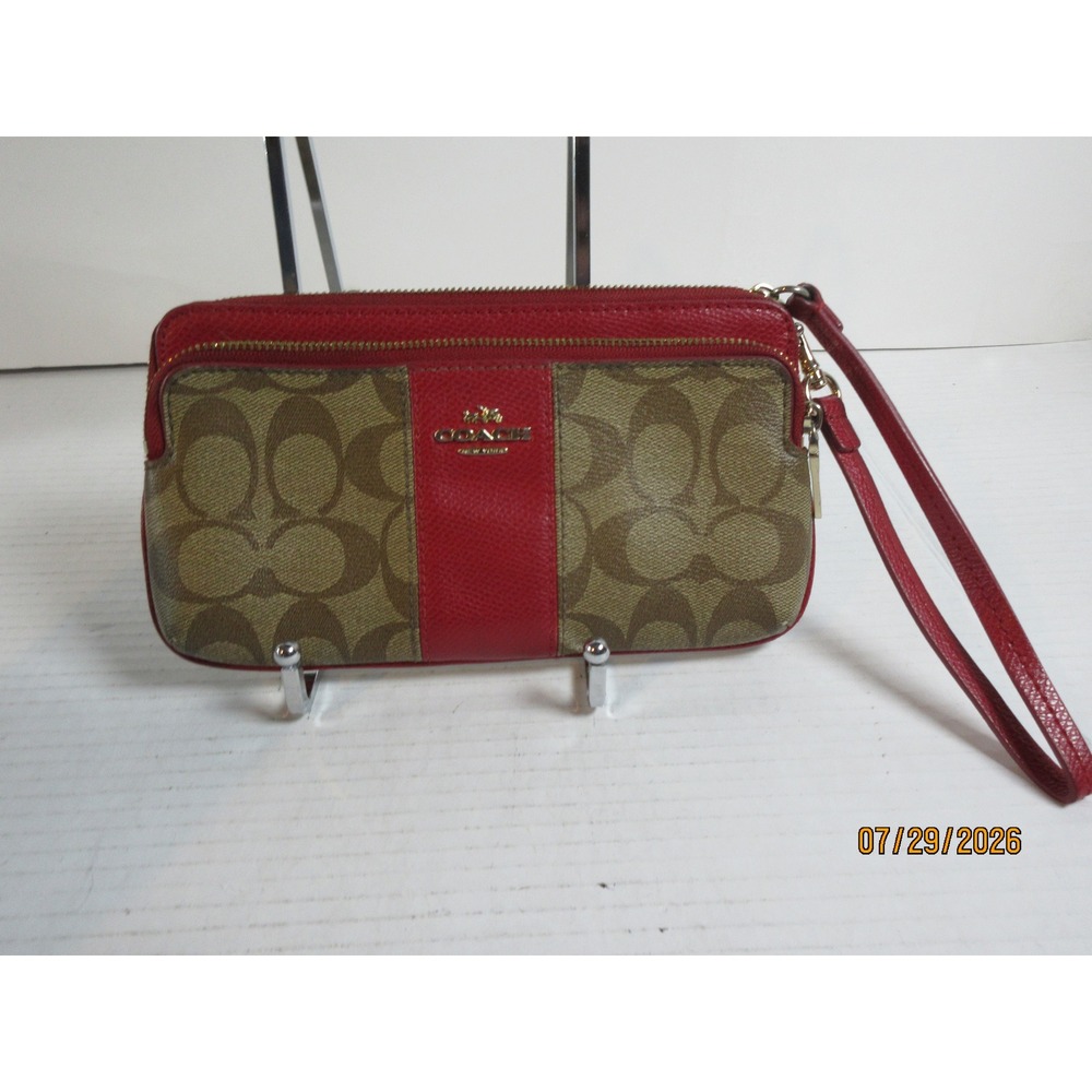 Coach Double Zip Wristlet Signature Canvas Red Leather Stripe K1480-52348